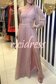 Concert Chic Pleated Shiny Fabric One Shoulder Cutout Maxi Dress