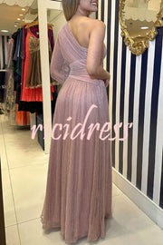 Concert Chic Pleated Shiny Fabric One Shoulder Cutout Maxi Dress