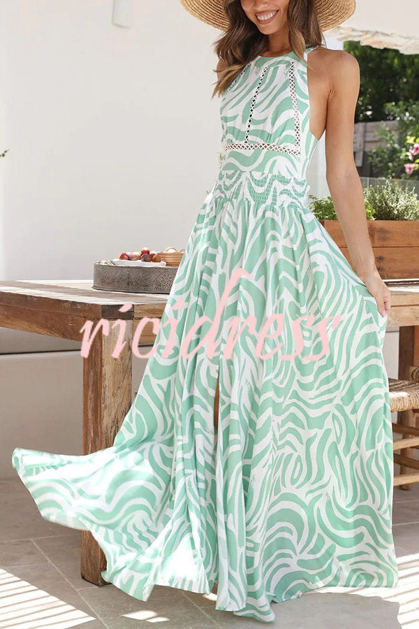 Just Met You Printed Lace Trim Halter Elastic Waist Slit Maxi Dress
