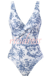 Lake View Print Sling Swimsuit and Bow Tie Lace Up Skirt