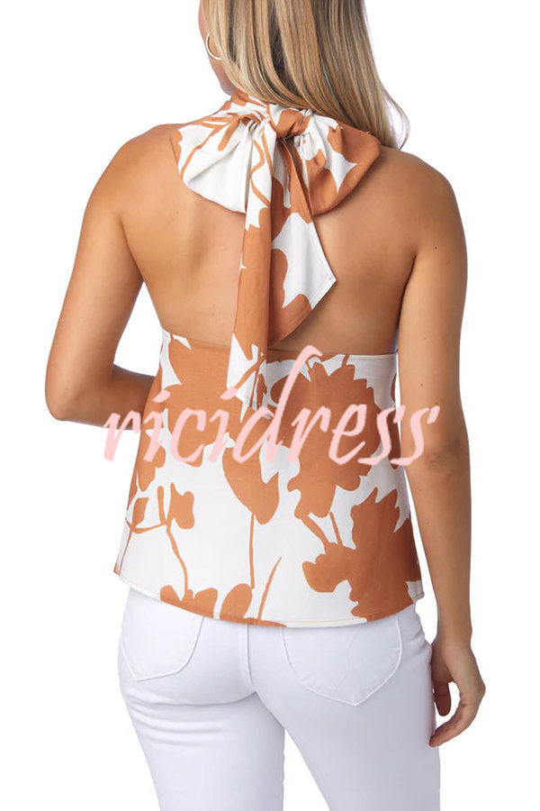Summer Shadow Linen Blend Printed Halter Top and Elastic Waist Pocketed Shorts Set