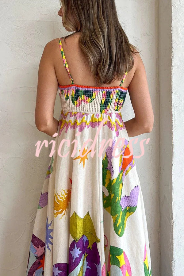 Feel Effortlessly Linen Blend Unique Print Smocked Back Pocketed Midi Dress