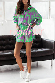 Clear The Air Printed Pocketed Button Down Blouse Shorts Suit