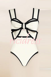Black and White Bow Tie Decor One Piece Swimsuit and Skirt