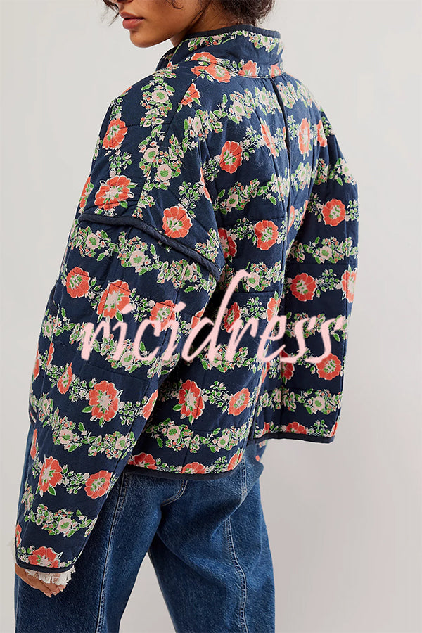 Floral Print Pocket Contrast Concealed Button Cotton Coat