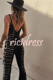 Cella Tie-dye Print Front Lace-up Stretch Flare Jumpsuit