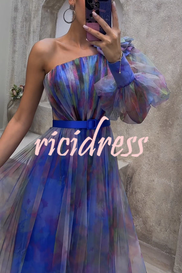 Monroe Tulle Floral Pleated One Shoulder Sleeve Belt Swing Midi Dress