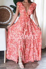 Boldest Bloom Floral Printed Ruffle Sleeve Cutout Maxi Dress