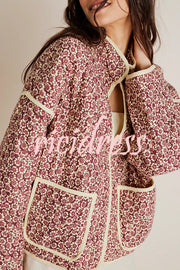 Floral Print Pocket Contrast Concealed Button Cotton Coat