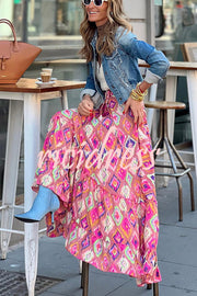 Audrina Bohemian Print Elastic Waist Tassel Maxi Skirt