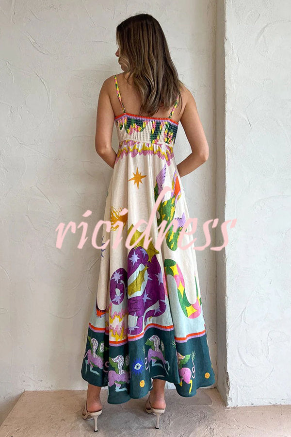 Feel Effortlessly Linen Blend Unique Print Smocked Back Pocketed Midi Dress