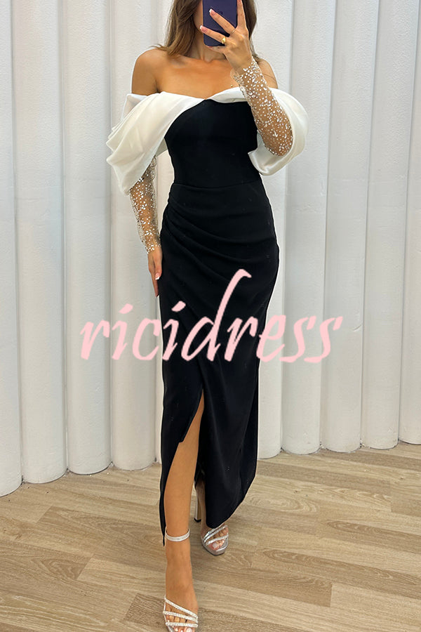 Exciting Event Tulle Off Shoulder Embellished Mesh Sleeve Ruched Maxi Dress