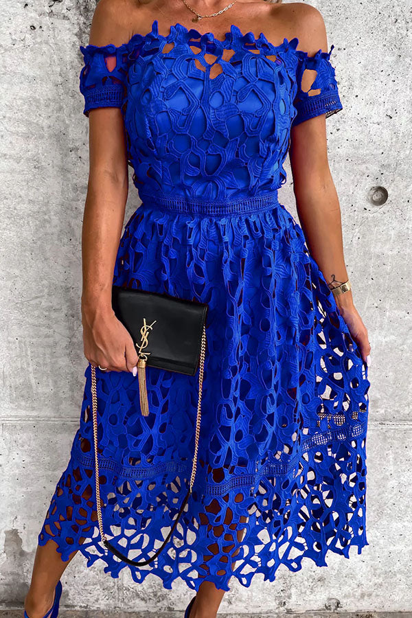 Dream Date Off Shoulder Crochet Lace Midi Dress