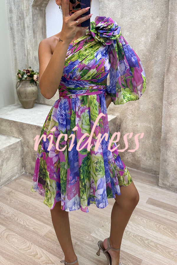 Vivid Visions Floral Print Pleated One Shoulder Sleeve Swing Mini Dress