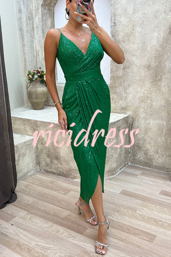 Party Seeker Sequin Pocketed Drape Slit Midi Dress