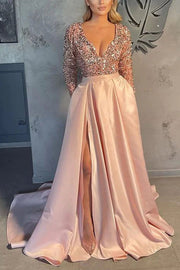 Gorgeous Long Sleeves V-Neck Sequins Satin Prom Dress