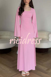 Comfortable Elegance Ribbed Bell Long Sleeve Stretch Maxi Dress