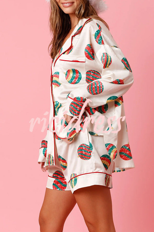 New Year's Eve Fun Ornament Printed Elastic Waist Pocket Pajama Shorts Set