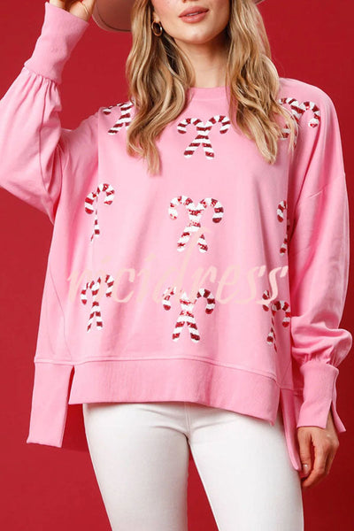 Sequined Candy Cane Crew Neck Pullover Sweatshirt