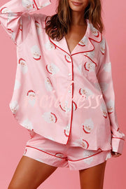 Dear Santa Satin Printed Elastic Waist Pocket Pajama Shorts Set