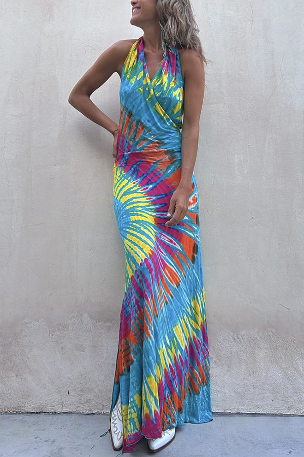 Krista Tie-dye Print Halter Backless Stretch Maxi Dress