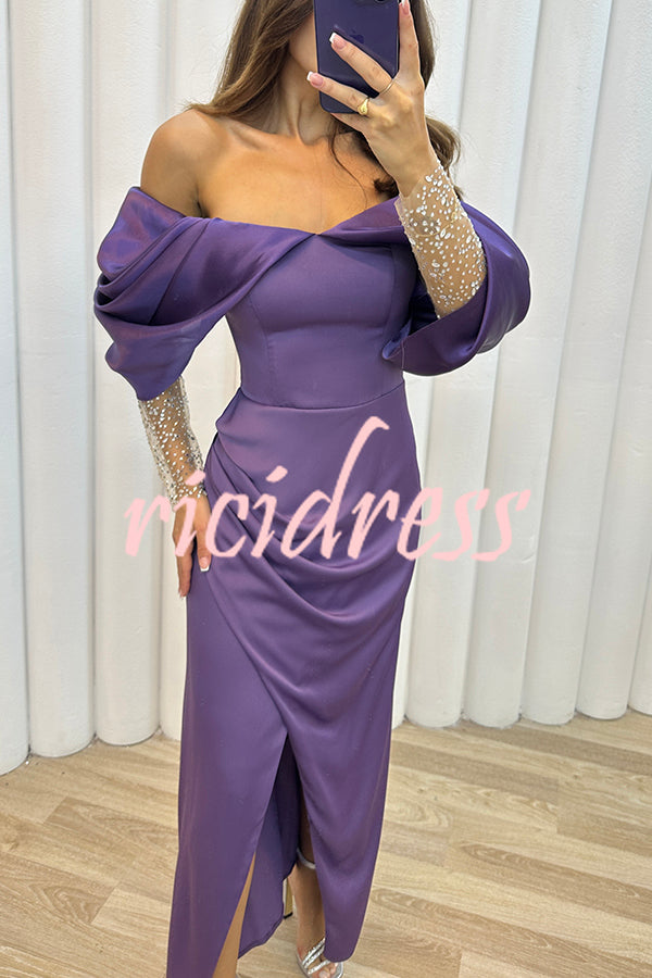 Exciting Event Tulle Off Shoulder Embellished Mesh Sleeve Ruched Maxi Dress