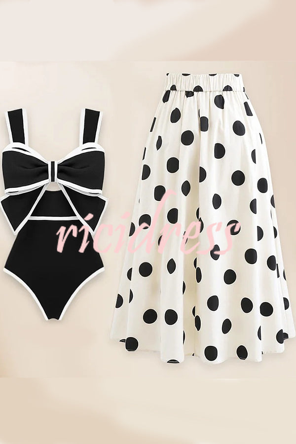 Black and White Bow Tie Decor One Piece Swimsuit and Skirt
