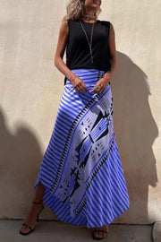 Eva Satin Geometric Print Elastic Waist Maxi Skirt
