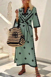 Quiet Atmosphere Linen Blend Ethnic Print Belted Midi Dress