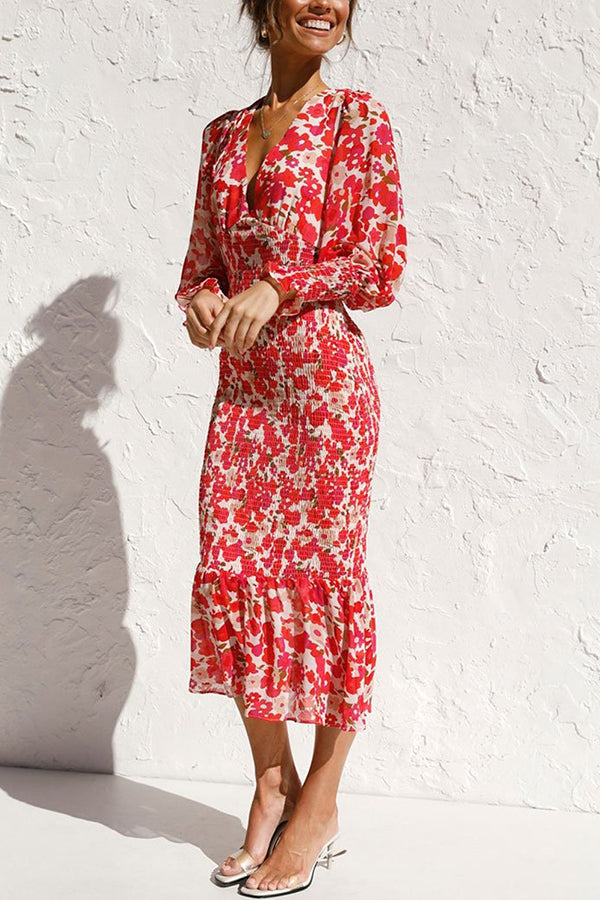 Rowena Floral Bishop Sleeve Smocked Midi Dress