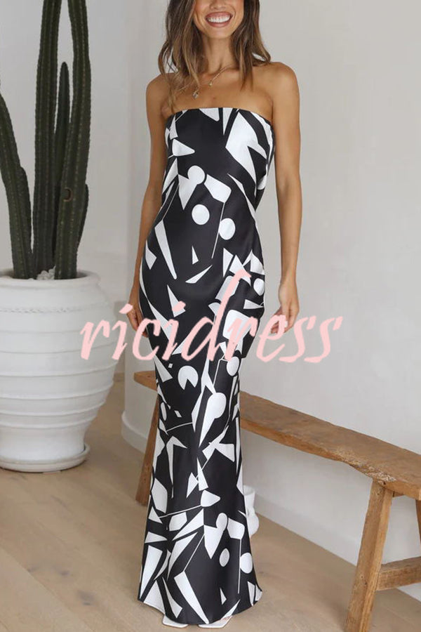 Cassy Satin Geometric Print Off Shoulder Maxi Dress