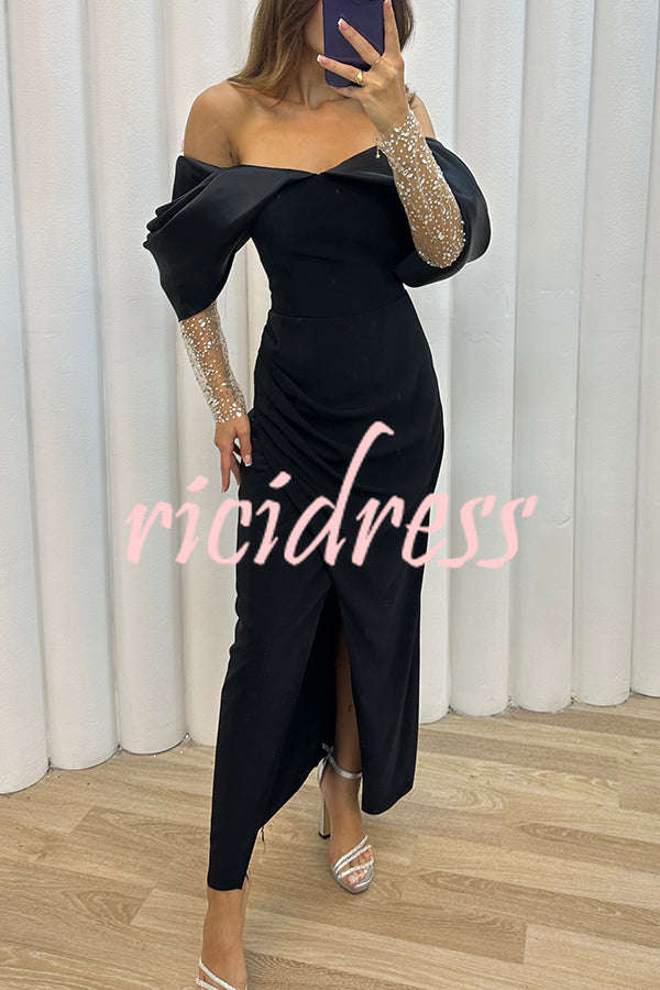 Exciting Event Tulle Off Shoulder Embellished Mesh Sleeve Ruched Maxi Dress