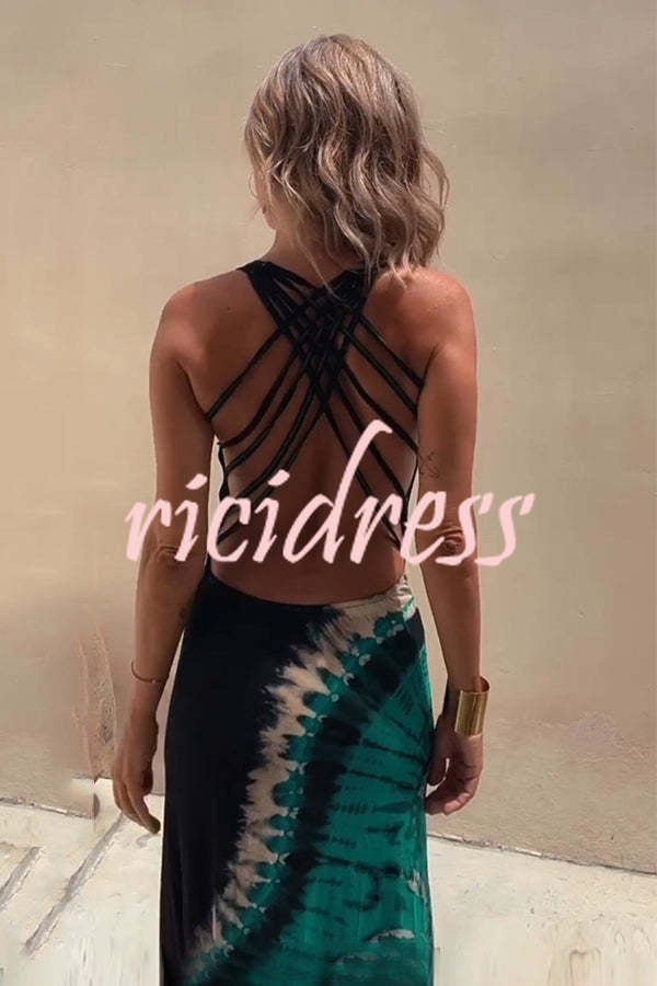 Ricidress Tie-dye Print Back Lace-up Stretch Maxi Dress