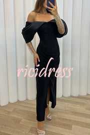 Exciting Event Tulle Off Shoulder Embellished Mesh Sleeve Ruched Maxi Dress