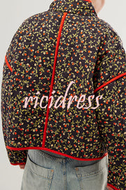 Floral Print Pocket Contrast Concealed Button Cotton Coat