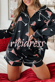 New Year's Eve Fun Ornament Printed Elastic Waist Pocket Pajama Shorts Set