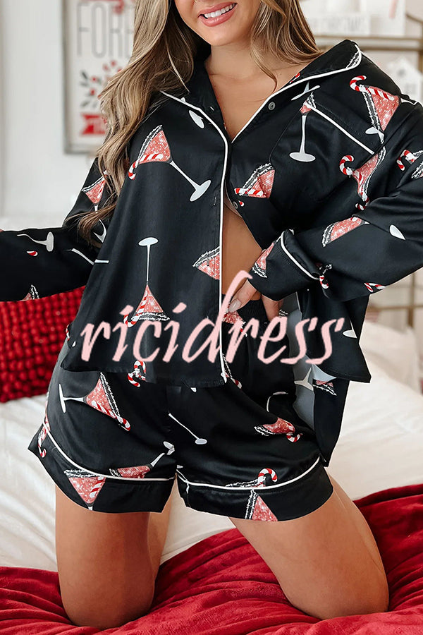 New Year's Eve Fun Ornament Printed Elastic Waist Pocket Pajama Shorts Set