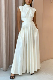 On Vacay Mode Cotton Blend Cutout Elastic Waist Pocketed Maxi Dress