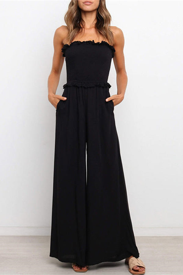 Miller Strapless Ruffles Smocked Pocketed Wide Leg Jumpsuit