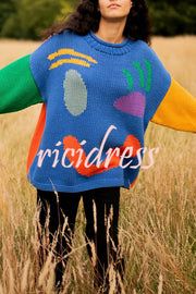 Feel Good Knit Colorful Smiley Face Loose Pullover Sweater