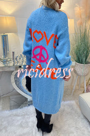 Neon Love Peace Chunky Knit Pocket Straight Midi Cardigan