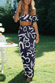 Allegra Doodle Printed Off Shoulder Crop Top and Pocketed Cutout Maxi Skirt Set