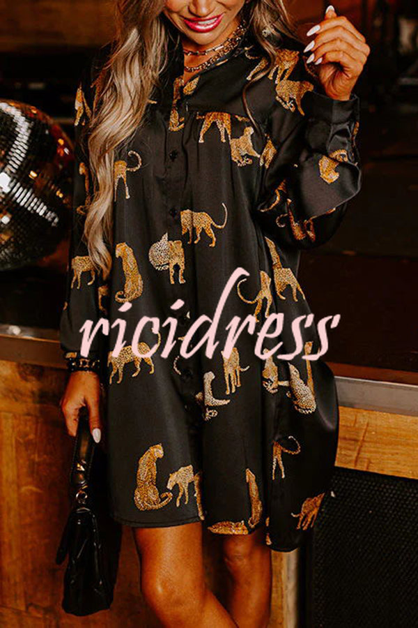 Enter Your Party Era Satin Cheetah Pattern Pocketed Shirt Mini Dress