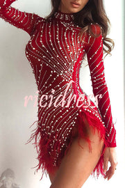 Lover Kisses Mesh Rhinestone Beaded Feather Mini Dress