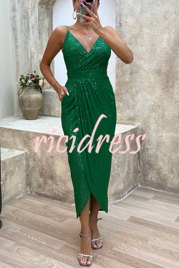 Party Seeker Sequin Pocketed Drape Slit Midi Dress