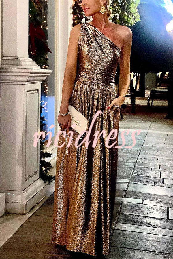 Talk of The Party Metallic Pocketed One Shoulder Maxi Dress