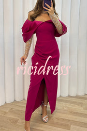 Exciting Event Tulle Off Shoulder Embellished Mesh Sleeve Ruched Maxi Dress