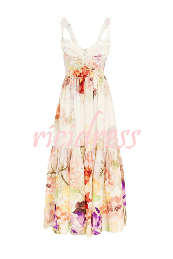 Romantic Date Floral Ruffle Detail Pocketed Corset Maxi Formal / Vacation Dress