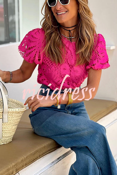 Here Comes The Sun Crochet Lace Puff Sleeve Blouse