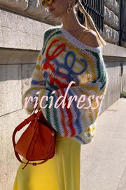 Sunset Cosy Knit Rainbow Contrast Striped Hollow Out Loose Sweater